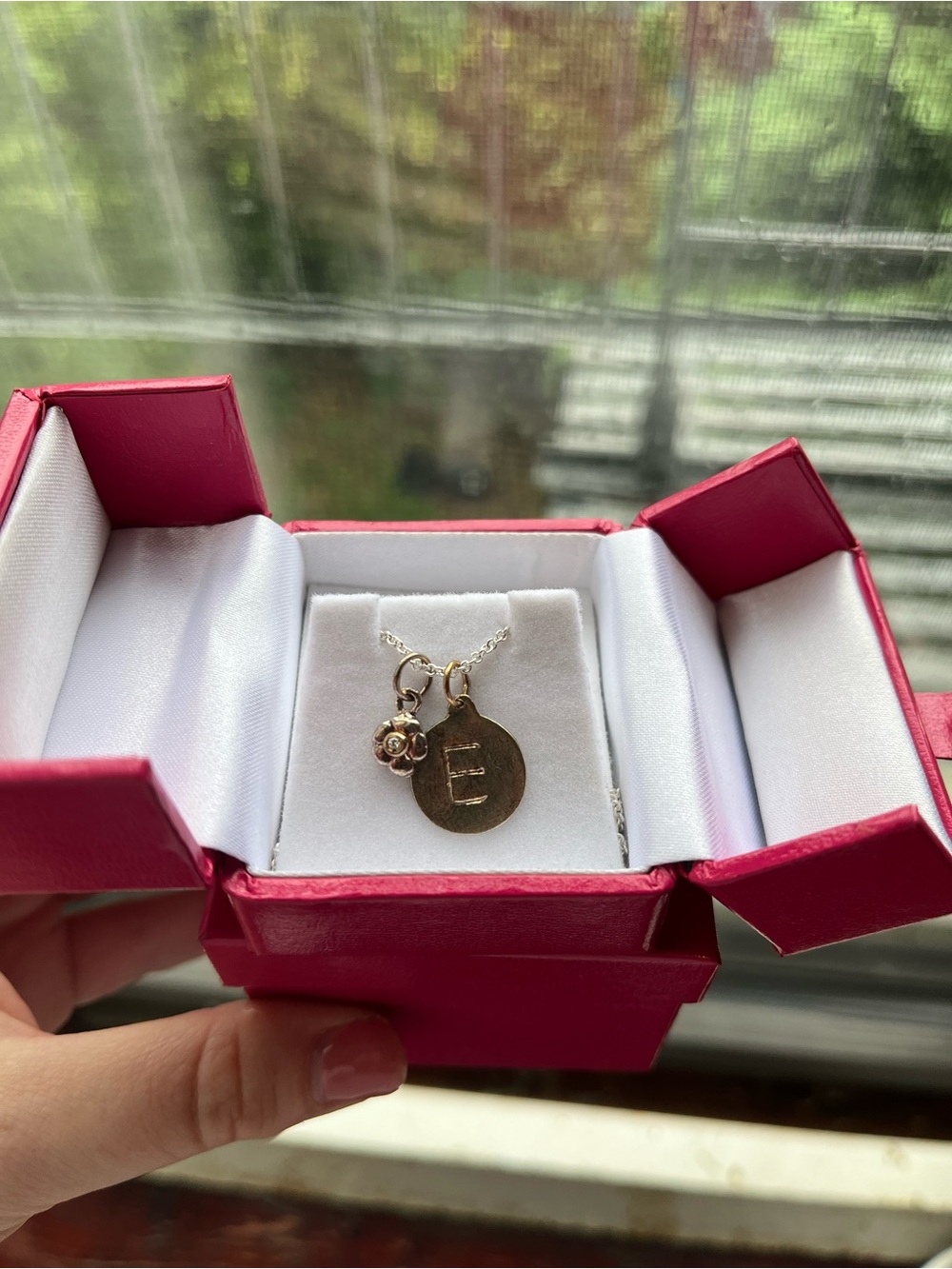 Initial E Pendant Necklace with Flower Charm - Silver - Helen Ficarola